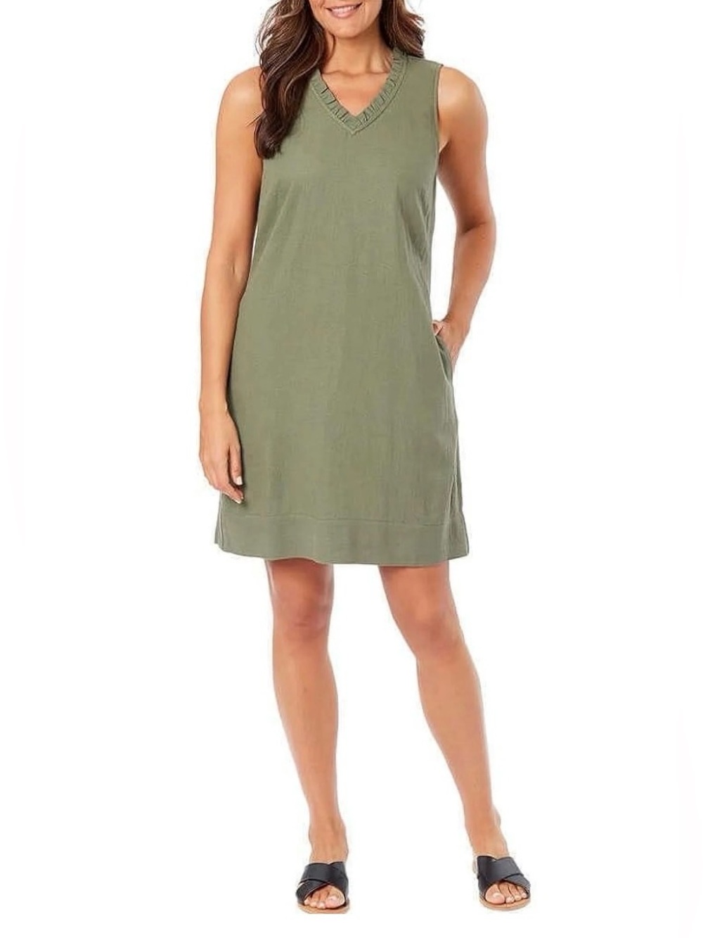 Briggs New York Olive Green Sleeveless V-Neck Dress Linen blend